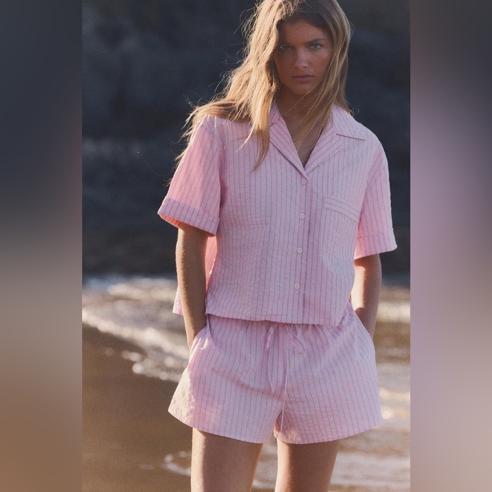 NWT Zara Cropped shirt and shorts set with lapel collar and pull string shorts
